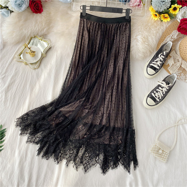 Модерна дамска пола с тюл и дантела в три цвята