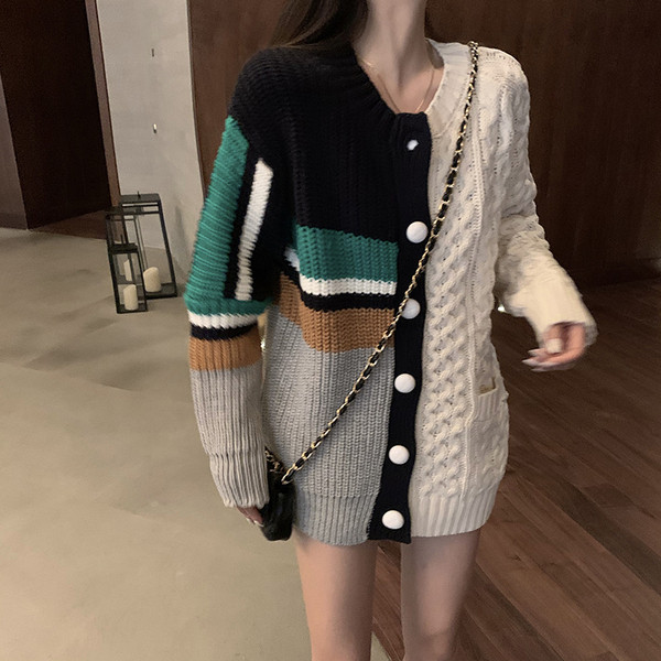 Дамска модерна жилетка с шарен десен и копчета