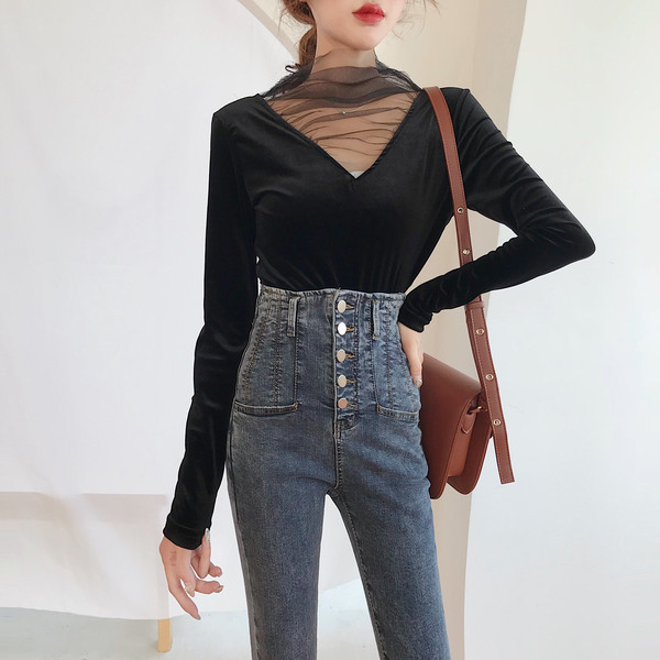 Дънки втален модел с висока талия и копчета 