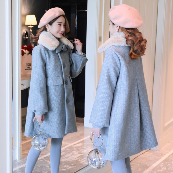 Μοντέρνα γυναικεία παλτό για έγκυες γυναίκες με κορδέλα σε γκρι χρώμα