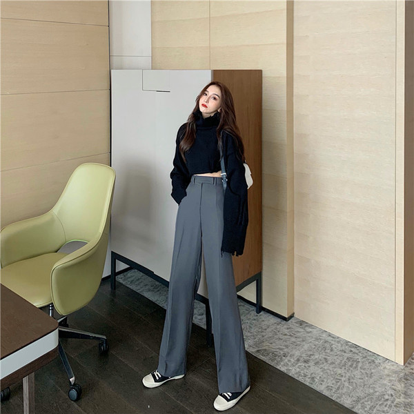 Дамски модерен широк панталон с висока талия в сив и черен цвят