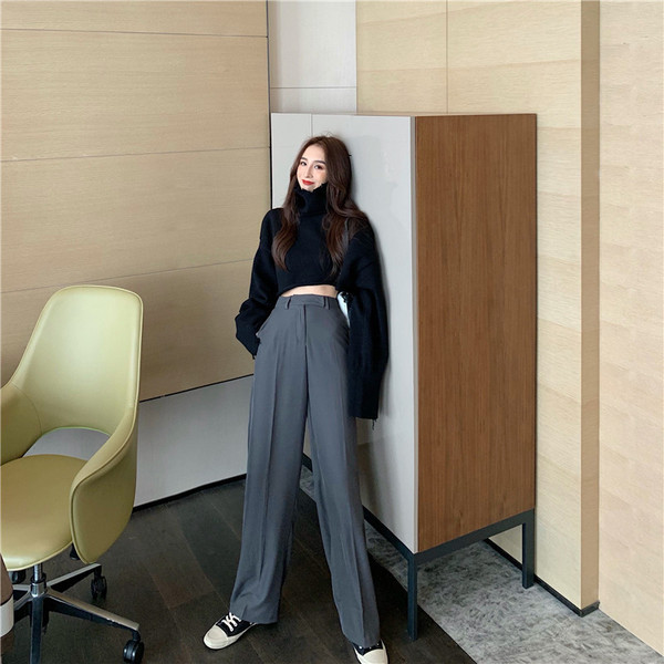 Дамски модерен широк панталон с висока талия в сив и черен цвят