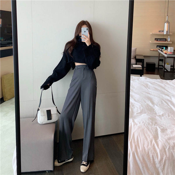 Дамски модерен широк панталон с висока талия в сив и черен цвят