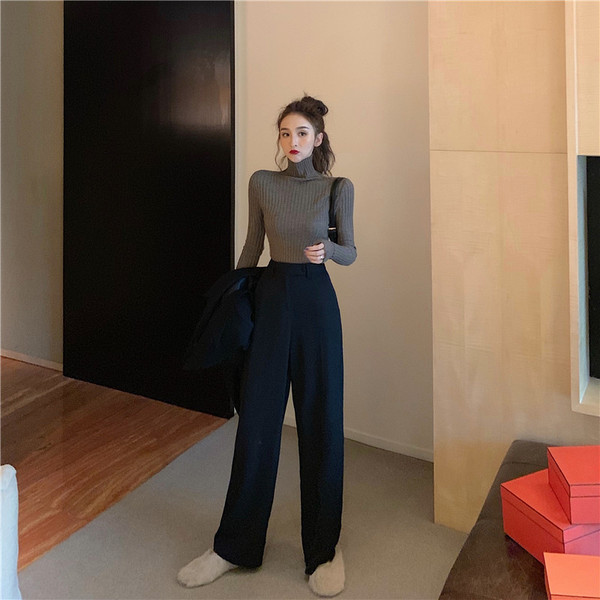 Дамски модерен широк панталон с висока талия в сив и черен цвят