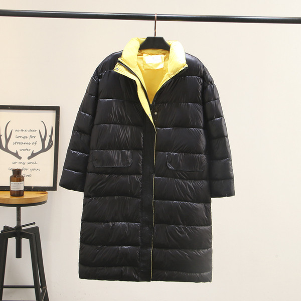 Ежедневно дамско зимно дълго яке с джобове и висока яка е бежов и черен цвят 