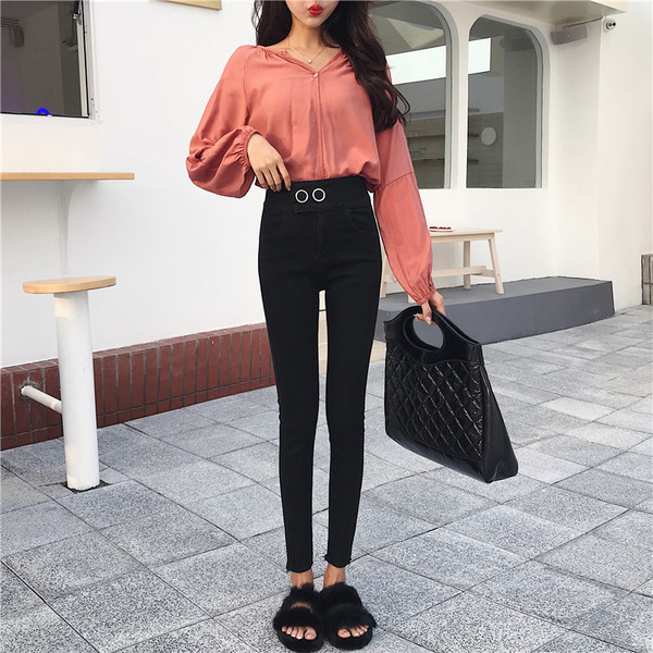 Модерен втален дамски панталон с висока талия в черен и син цвят