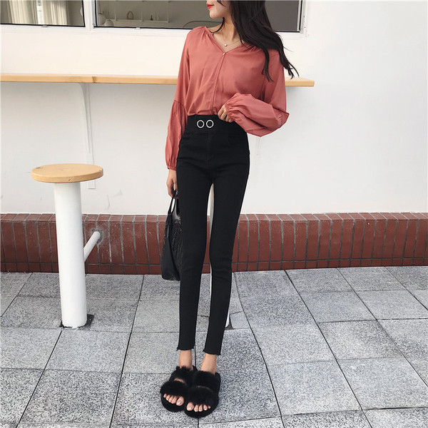 Модерен втален дамски панталон с висока талия в черен и син цвят