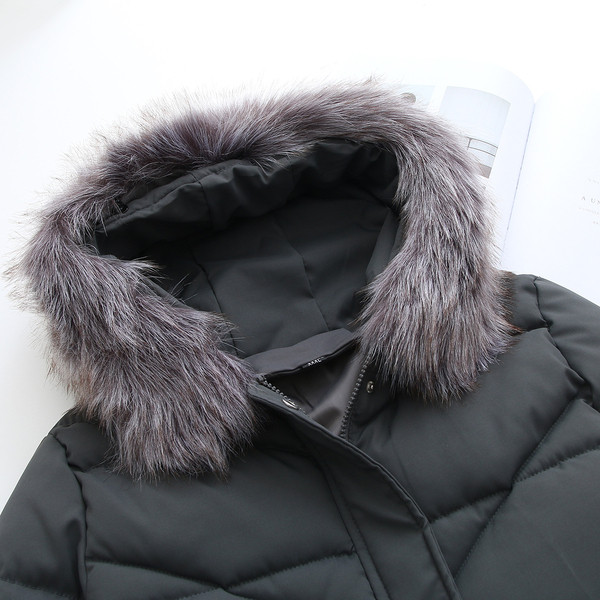 Модерно дамско дълго зимно яке с качулка и пих в черен,червен и сив цвят 