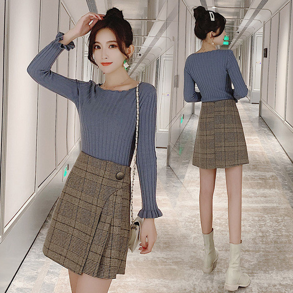 Модерна дамска карирана пола с висока талия - в сив и кафяв цвят