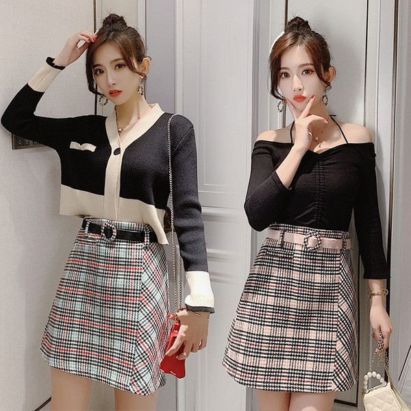 Модерна дамска карирана пола с колан в син и розов цвят