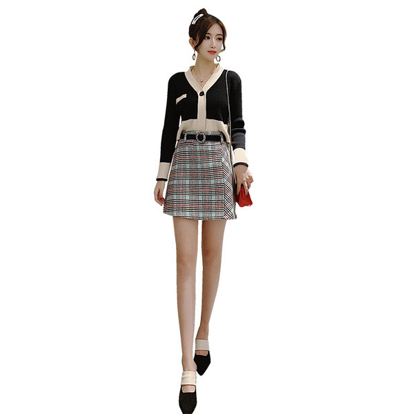 Модерна дамска карирана пола с колан в син и розов цвят