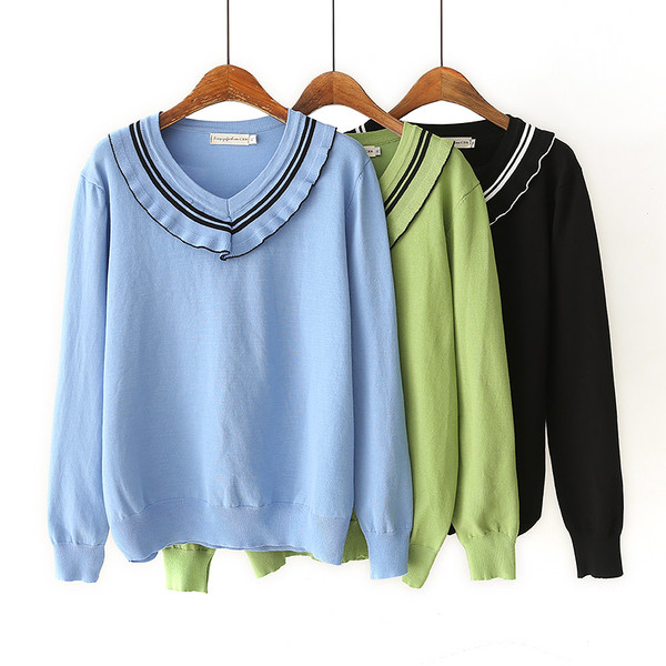 Модерен дамски пуловер с шпиц деколте и дълъг ръкав в син,зелен и черен цвят 