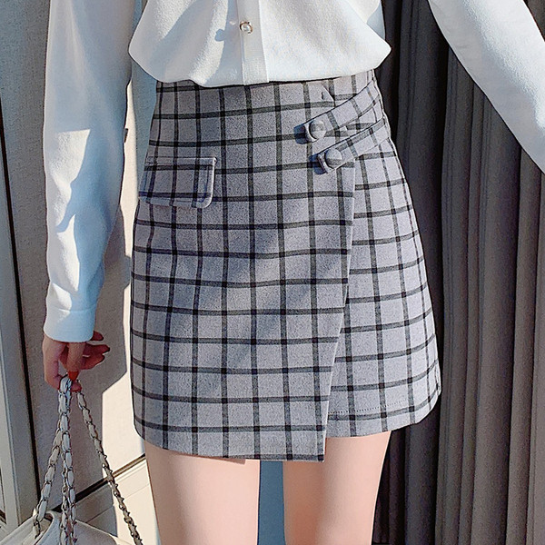 Модерна дамска карирана пола с висока талия в кафяв и сив цвят