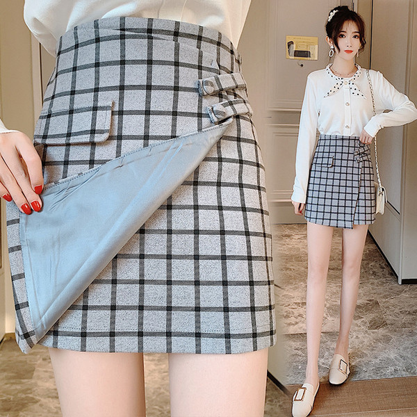 Модерна дамска карирана пола с висока талия в кафяв и сив цвят