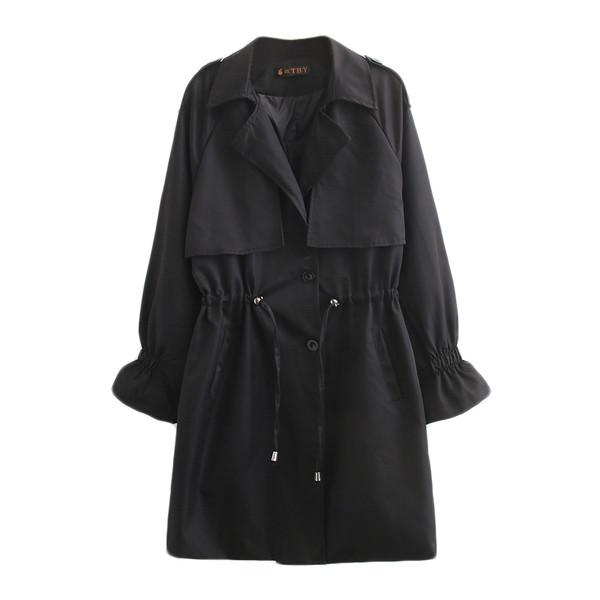 Ежедневно дамско дълго зимно яке с дълъг ръкав и връзки в черен цвят 