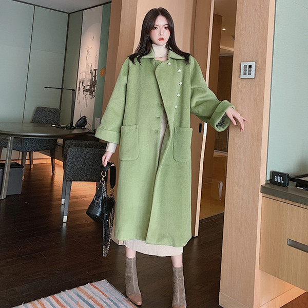 Дълго елегантно палто с перлени копчета в зелен и оранжев цвят