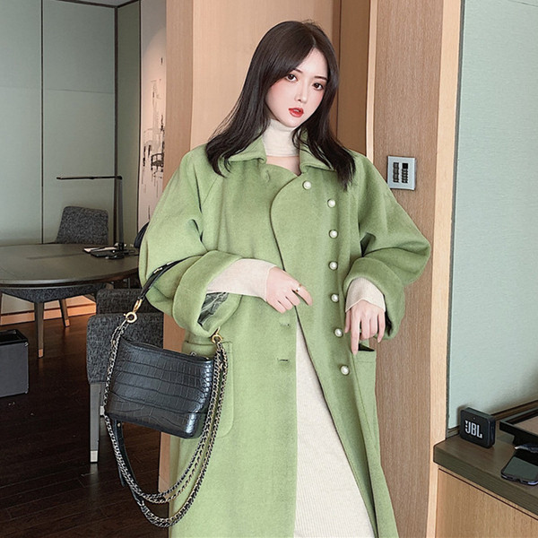 Дълго елегантно палто с перлени копчета в зелен и оранжев цвят