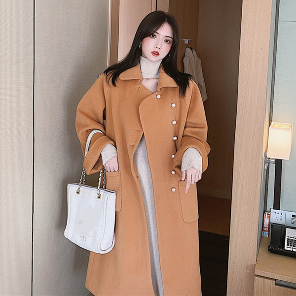 Дълго елегантно палто с перлени копчета в зелен и оранжев цвят