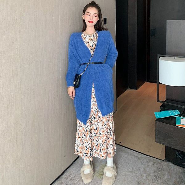 Дълга ежедневна жилетка в син и розов цвят с колан