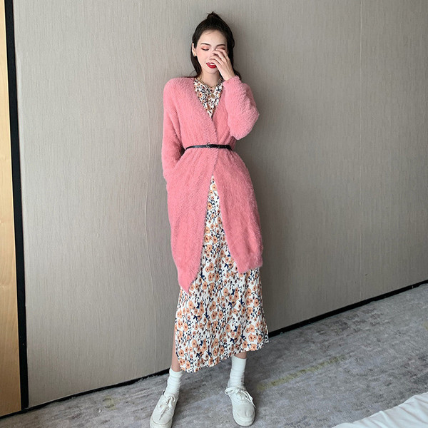 Дълга ежедневна жилетка в син и розов цвят с колан