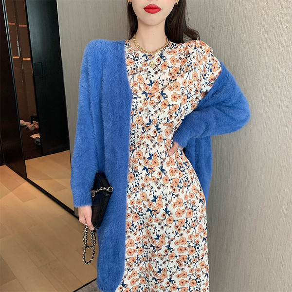 Дълга ежедневна жилетка в син и розов цвят с колан