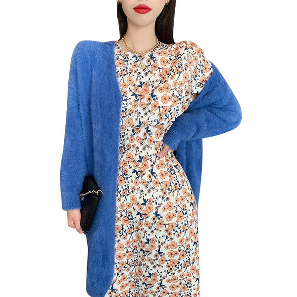 Дълга ежедневна жилетка в син и розов цвят с колан