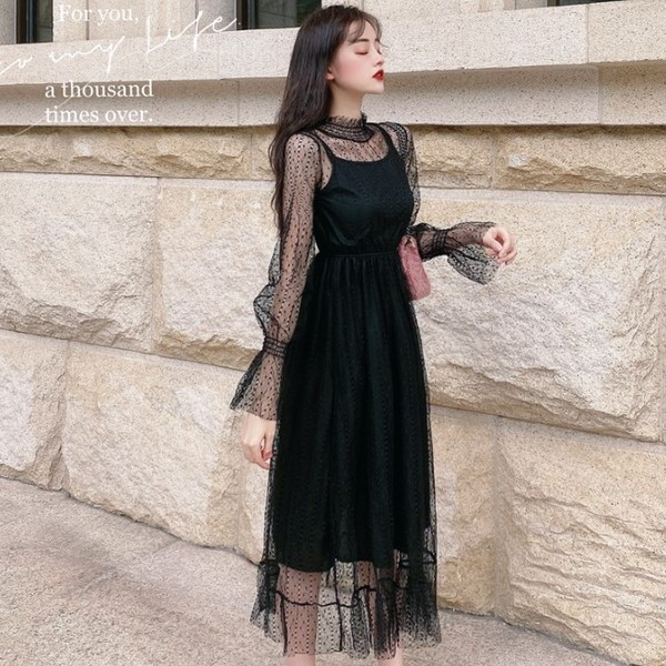 Дамска модерна рокля с тюл в черен и бял цвят