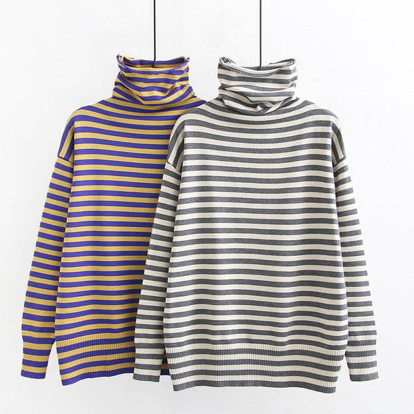 Модерен дамски раиран пуловер с висока яка и дълъг ръкав в два цвята 