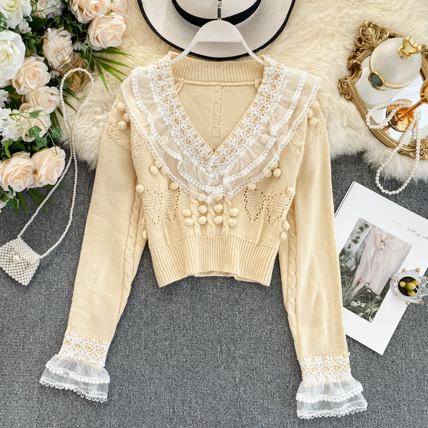 Модерен  дамски пуловер с тюл и дантела в няколко цвята