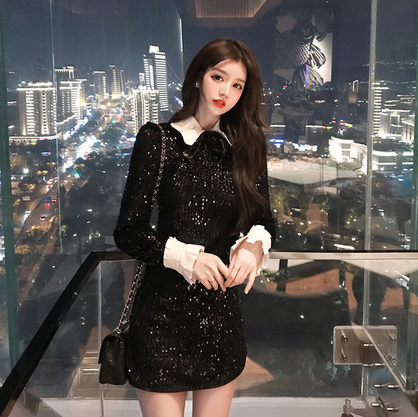 Елегантна къса рокля с пайети в черен цвят