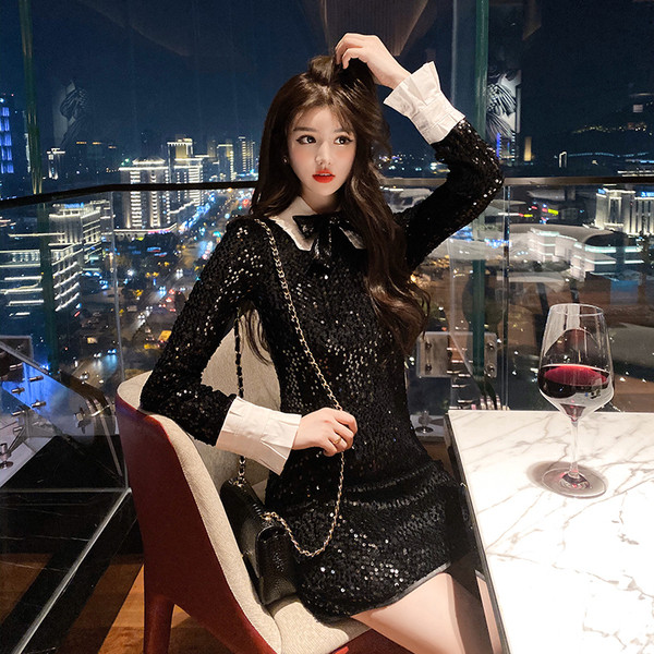 Елегантна къса рокля с пайети в черен цвят