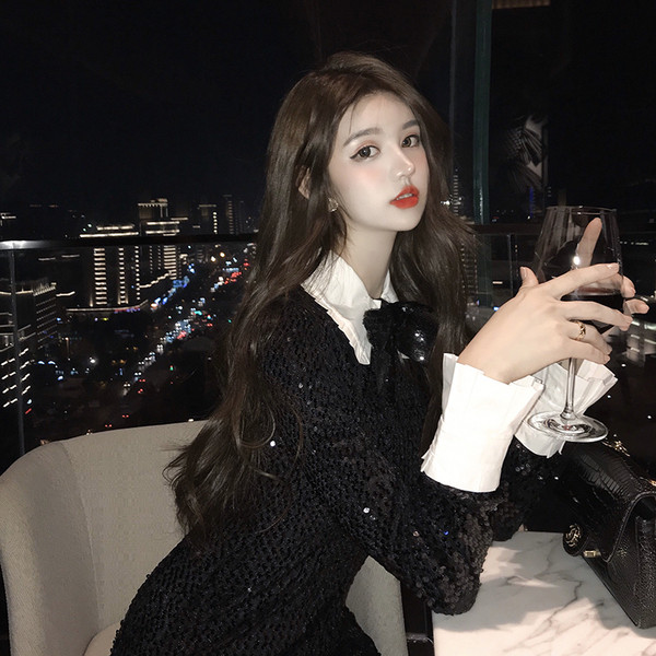 Елегантна къса рокля с пайети в черен цвят