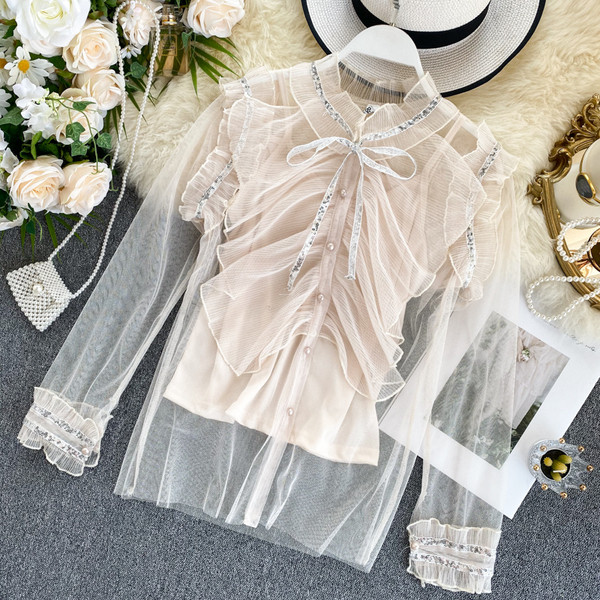 Cămașă elegantă de damă cu broască și tul în roz și bej