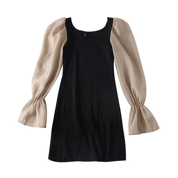 Rochie scurtă de damă modernă cu mâneci din tul în bej și visiniu