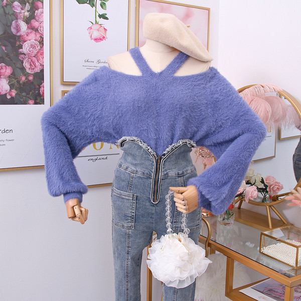 Pulover de dama model nou cu decolteu spitz si umerii goi - mai multe culori