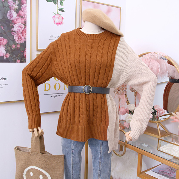 Pulover de dama modern cu decolteu rotund - maro, gri si negru