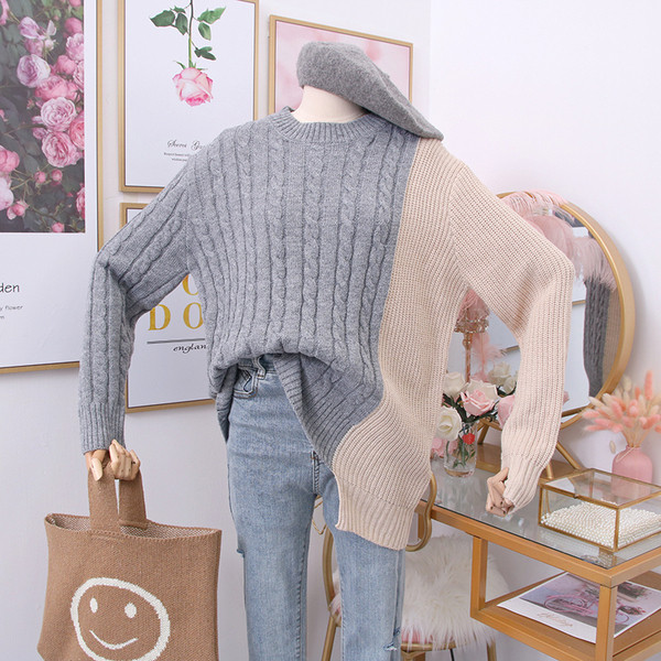 Pulover de dama modern cu decolteu rotund - maro, gri si negru