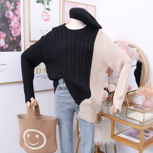 Pulover de dama modern cu decolteu rotund - maro, gri si negru