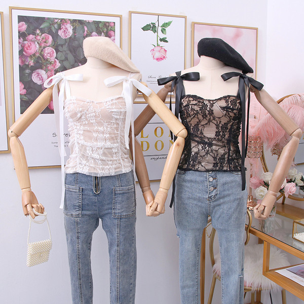 Maiou de dama din dantela model nou cu bretele in alb si negru