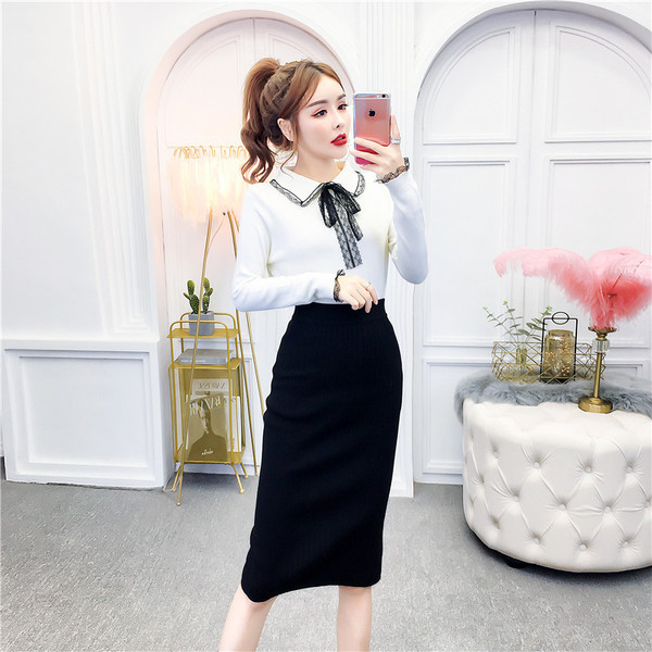 Bluză de damă din tricot subțire cu guler și panglică clasice