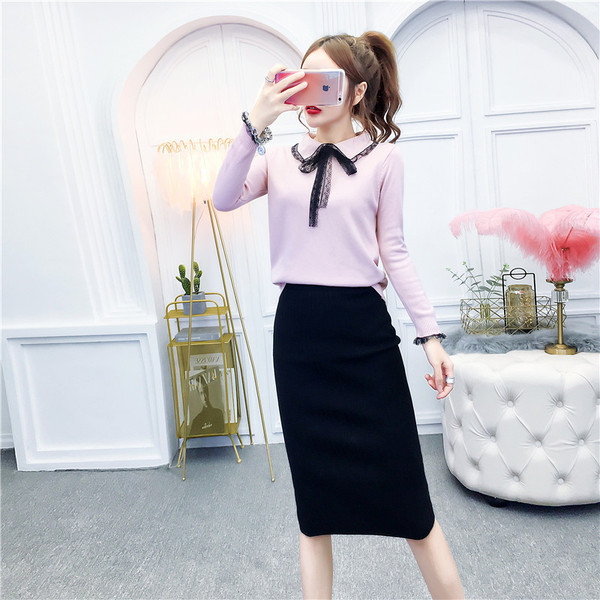 Bluză de damă din tricot subțire cu guler și panglică clasice