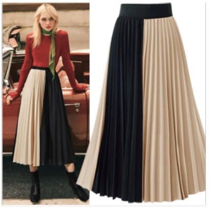 Fusta lunga plisata de dama eleganta cu talie inalta in doua culori