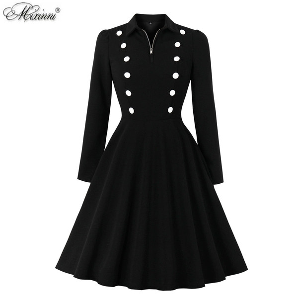 Rochie scurtă de damă modernă cu mâneci lungi și guler clasic în negru