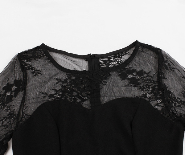 Rochie scurtă de damă elegantă cu dantelă și decolteu O în negru