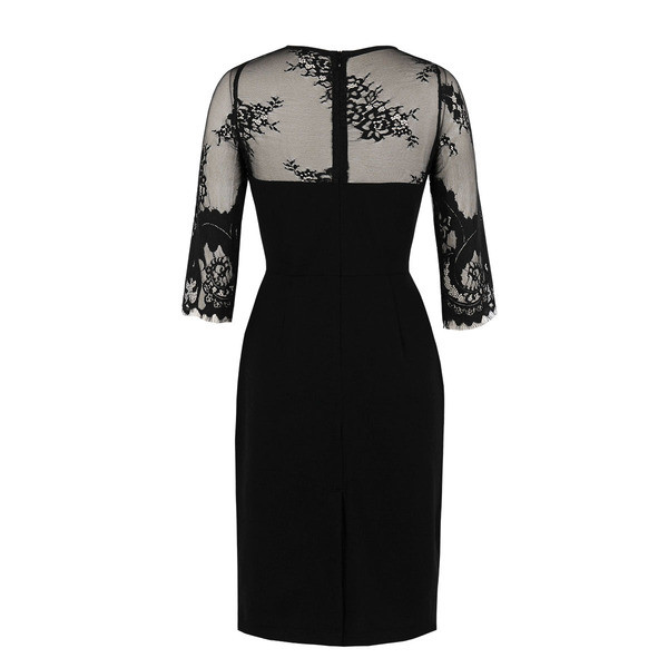 Rochie scurtă de damă elegantă cu dantelă și decolteu O în negru