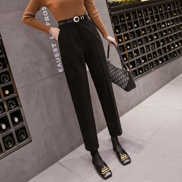 Pantaloni de dama la moda cu talie inalta si curea in negru, albastru, maro si alb