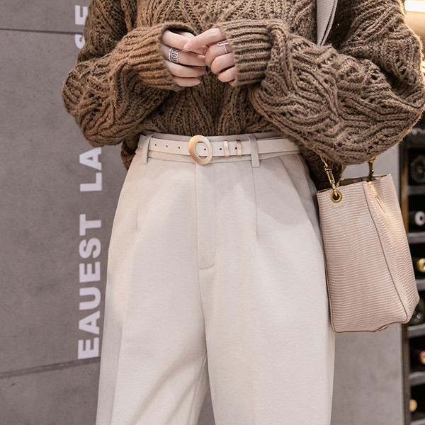 Pantaloni de dama la moda cu talie inalta si curea in negru, albastru, maro si alb