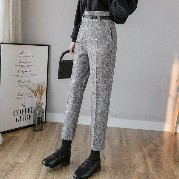 Model nou de pantaloni de dama cu centura si buzunare in culorile gri si maro