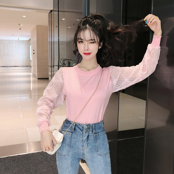 Bluză de damă modernă în roz și negru cu mâneci din tul