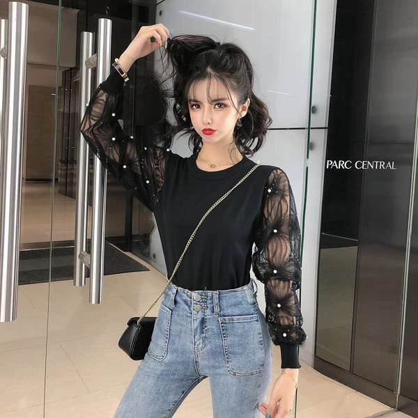 Bluză de damă modernă în roz și negru cu mâneci din tul